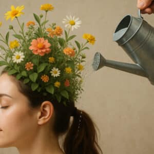 Mujer con la cabeza simulando una planta y la regadera regando las flores