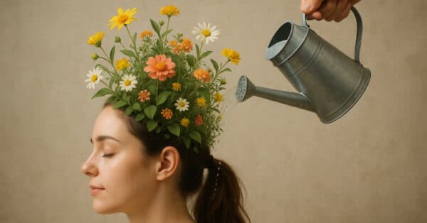 Mujer con la cabeza simulando una planta y la regadera regando las flores